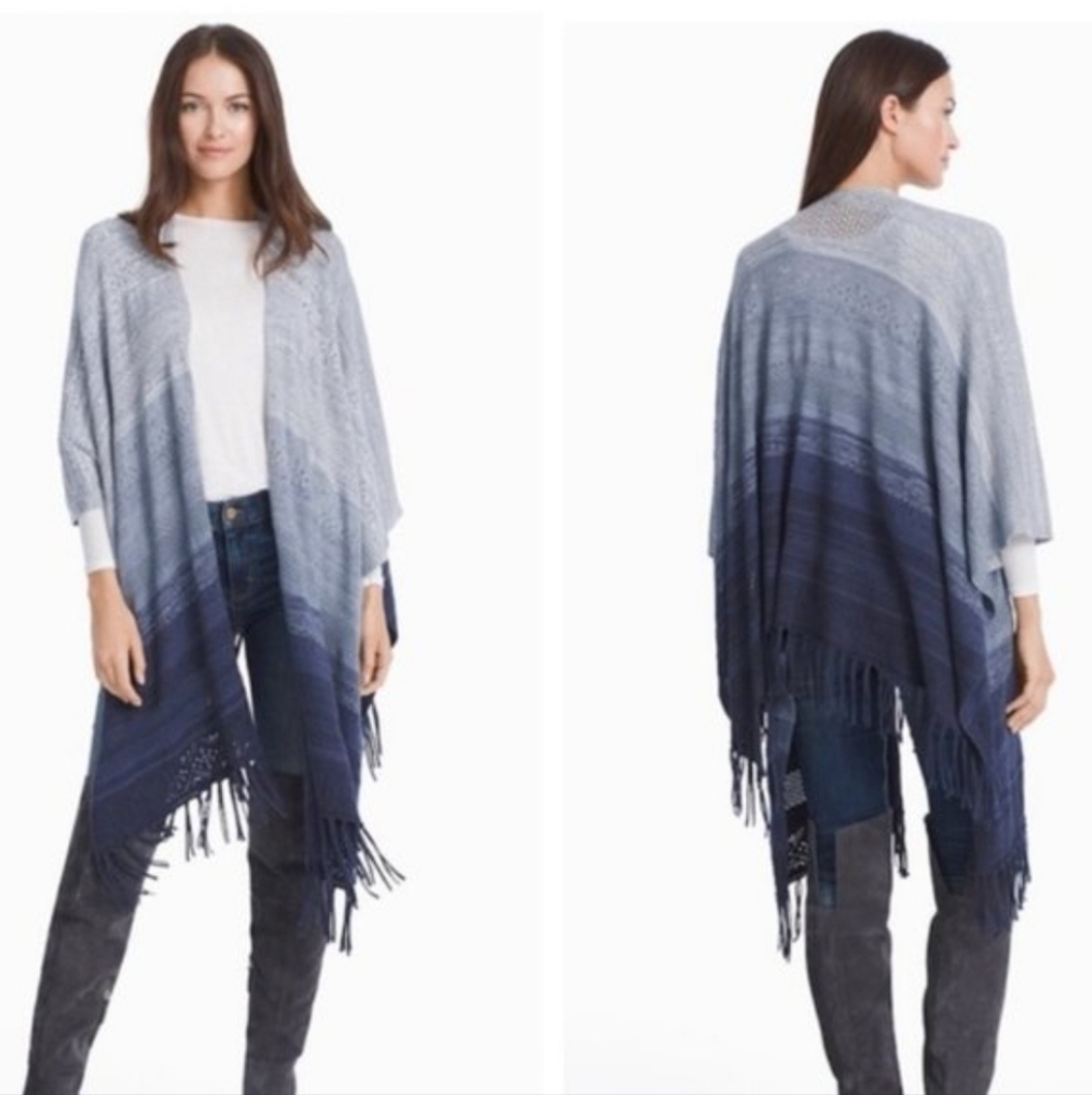 White House Black Market Open Gradient Ombre Blue‎ Ruana Blanket Shawl Wrap XS/S